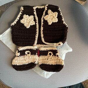Handmade Brown and Cream Crochet Vest and Booties Set